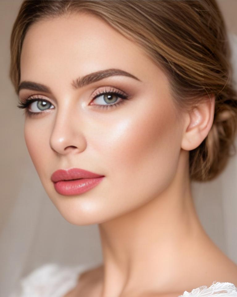 Make-up sposa luminoso su modella in studio, con incarnato naturale e labbra rosate