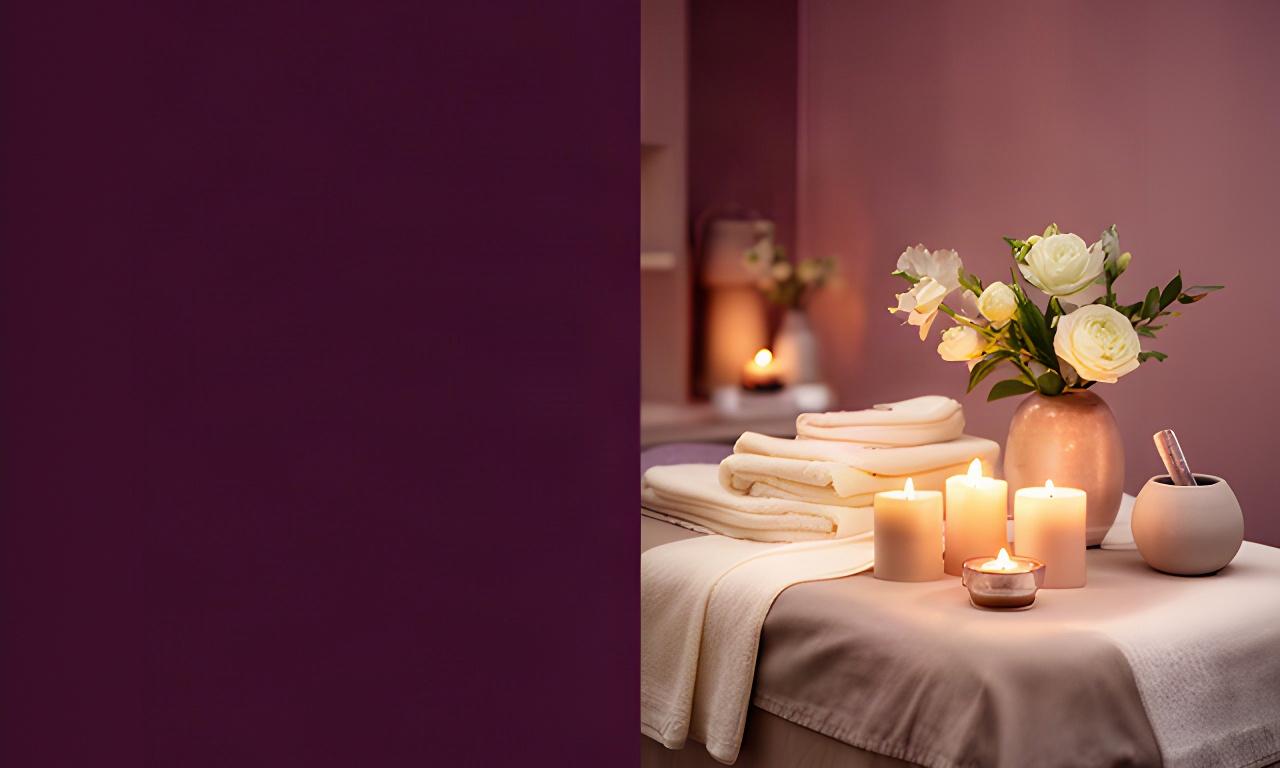 Ambiente spa intimo a Lucca con candele accese, fiori chiari e lettino per trattamenti rilassanti