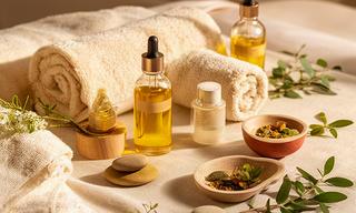 Dettagli di un rituale benessere con asciugamani, oli e piante in tonalità naturali